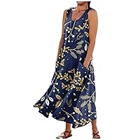 Women's Summer Cotton Linen Short Sleeve Dress Crew Neck Loose Casual Tunic Beach Dresses with Pockets Tiered African Dresses for Women Mini Dresses for Women(3-Blue,5X-Large)