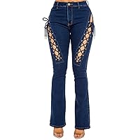 Twiin Sisters Women's Denim Stertch High Rise Flared Trim Button Up Skinny Jeans with Pockets