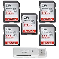 SanDisk 128GB Ultra SDXC UHS-I Class 10 Memory Card 100MB/s U1, Full HD, SD Camera Card (5 Pack) Bundle with (1) GoRAM Reader