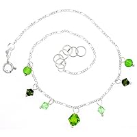 Sterling Silver Anklet Natural Stone Peridot Beads Green Bicone Crystals, adjustable 9-10 inch