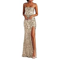 Womens Sexy Glitter Cute Cocktail Dresses for Women Wedding Guest Spaghetti Straps Boat Neck Long Max Side Split Club