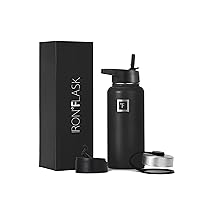 Sports Water Bottle - Wide Mouth with 3 Straw Lids - Stainless Steel Gym & Outdoor Bottles for Men, Women & Kids - Double Walled, Insulated Thermos, Metal Canteen - Midnight Black, 32 Oz