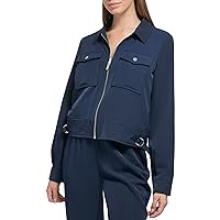 Calvin Klein Women's Plus Size Silver Hardwear Crepe Zip Front Pockets Jacket