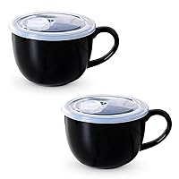 Lareina Large Soup Mugs 28 oz - Ceramic Cups With Anti-Heat Handle - Coffee Mugs Set With Vented Plastic Highly Sealed Lid Jumbo Soup bowl Microwave & Oven Safety - Set of 2 - Black