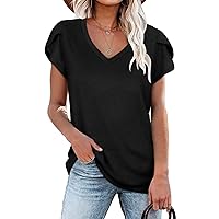 WNEEDU Womens 2024 T Shirts Petal Sleeve V Neck Casual Tees Summer Basic Tops