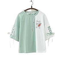 Kawaii Hoodie Japanese Summer Cartoon Rabbit Embroidery T-Shirt Shirt (Color : Green, Size : One Size)