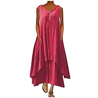 Summer Dress for Women 2024 Short Sleeve Crew Neck Button up Maxi Dress Tiered Swing Loose Fit Dress with Pockets