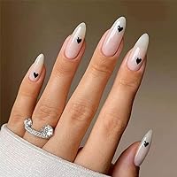 Foccna White Press on Nails Acrylic Almond Fake Nails Full Cover LOVE Design False Nails for Daily Wear Artificail Medium Length Simple Nails Tips for Women&Girls, 24PCS