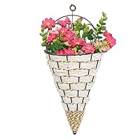 Flower Pots, Wall Hanging Flower Baskets Wicker Woven Wall-Mounted Plant Pot Holder Cone Storage for Home Garden White