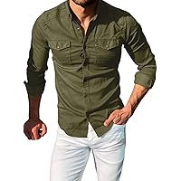 JMIERR Men's Fashion Cotton Casual Button Down Shirts Long Sleeve Mens Denim Cargo Shirt Slim Fit with Flap Pockets, US 38(S), A Green