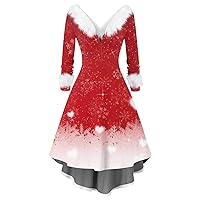 TWGONE Christmas Outfits for Women Fuzzy Plush V Neck Cartoon Festival Cocktail Holiday Party Flare Dress