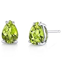 Peora Solid 14K White Gold Peridot Earrings for Women, Genuine Gemstone Birthstone Solitaire Studs, 7x5mm Pear Shape, 1.50 Carats total, Friction Back