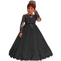Lace Tulle Flower Girl Dress for Wedding Long Sleeve Princess Dresses Black Pageant Party Gown with Bow Size 5