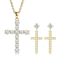 Carleen 14K Yellow Gold Plated Sterling Silver Cubic Zirconia CZ Cross Stud Earrings Crucifix Pendant Necklace Set Valentines Day Jewelry for Women Girls, 16