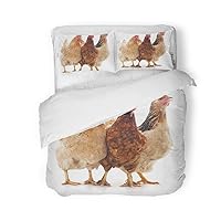 Duvet Cover Set Queen/Full Size Red Hen Three Brown Chicken Poultry Birds Eggs White 3 Piece Microfiber Fabric Decor Bedding Sets for Bedroom