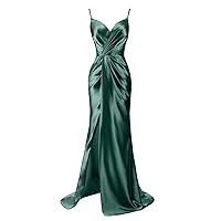 Women Spaghetti Satin Long Dresses High Slit Evening Cocktail Prom Gowns