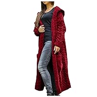 Oversized Cable Hooded Sweaters Cardigan for Women Plus Size Open Front Long Sleeve Knit Jacket Coat with Pockets