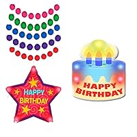 2 in 1 Bundle Huge Happy Birthday Star Beaded Necklace and Cake Blinking Light Up Pin