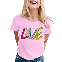 Womens Easter Shirts Cute Funny Bunny and Eggs Print Graphic Tees Loose Casual Short Sleeve Crewneck Basic Tops Blouses