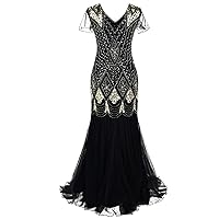 Women's Long Sleeve Dress Fashion Vintage Sequins Gowns Dresses Mesh Vest Banquet Black, S-2XL