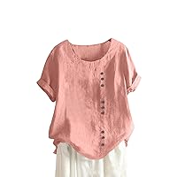 Women's Fashion 2023 Round Neck Vintage Cotton and Hemp Solid Button Short Sleeve T-Shirt Top Underscrub Long