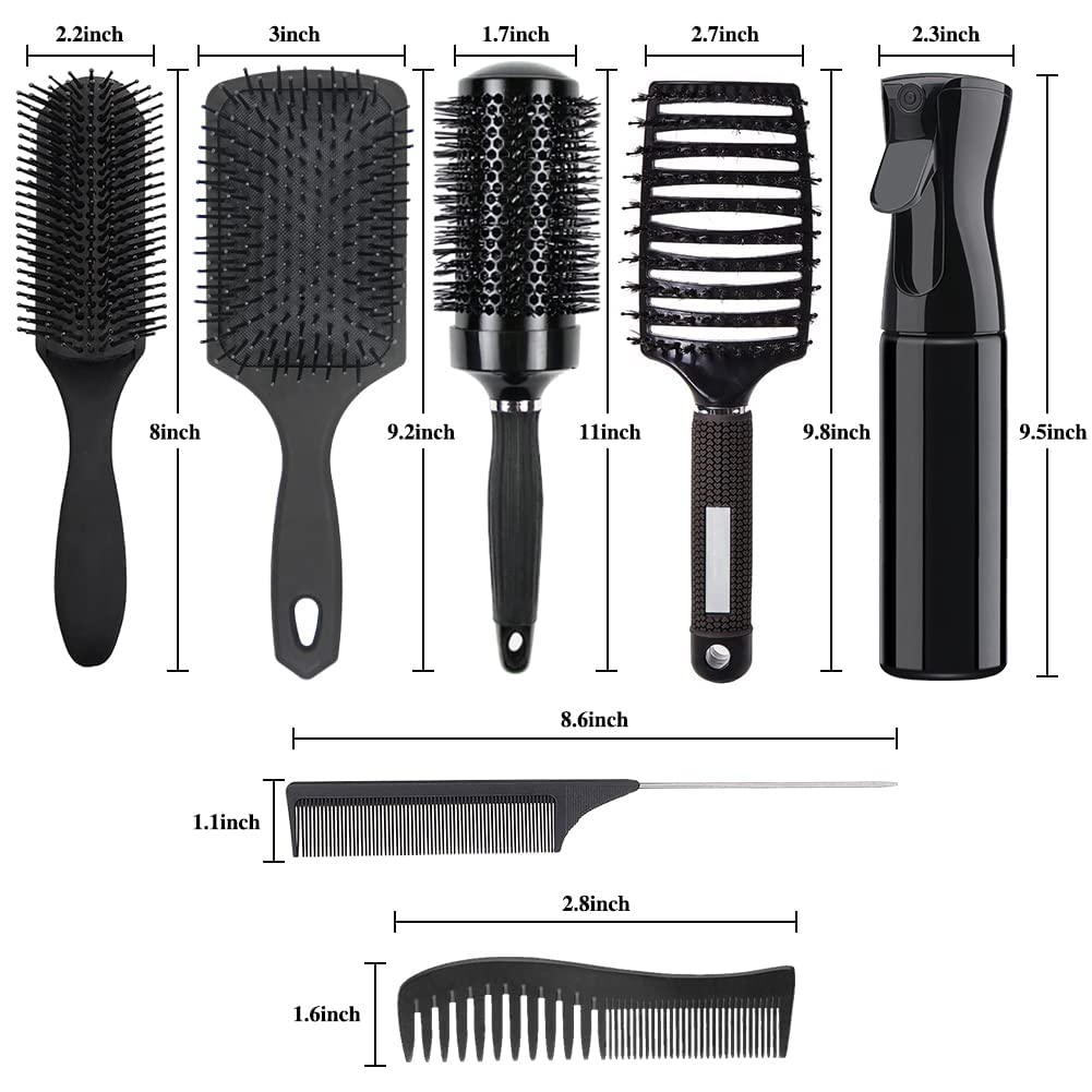 9PCS Hair Brush Set Round Brush and Paddle Hair Brush Great On Wet Long Thick Hair, Detangling Brush and Spray Bottle for Wavy Curly Hair, Meet Your Family's Daily Hair Care Needs Black