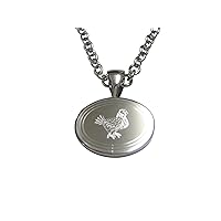 Silver Toned Oval Etched Rooster Chicken Hen Bird Pendant Necklace