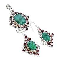 Emerald & Garnet Gemstone 925 Solid Sterling Silver Pendant & Earring Set Amazing Designer Jewellery For Women