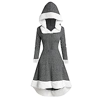 Christmas Hooded Cloak Dress Womens Fluffy Patchwork Vintage High Low Dresses Lace-Up Back Long Sleeve Cosplay Dress