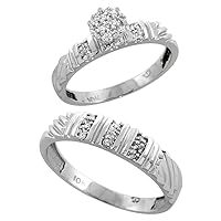 Genuine 10k White Gold Diamond Trio Wedding Sets for Him and Her 3 Channel 3-piece 5mm & 3.5mm wide 0.14 cttw Brilliant Cut sizes 5-14