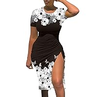 Polka Dot Dress,Summer Women Short Sleeve Crew Neck Floral Patterns Casual Drawstring Slit Slim Dress Plus Size