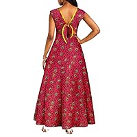 Floor Length African Dresses for Women Floral Printed Sleeveless Dresses V Neck Party Evening Gown