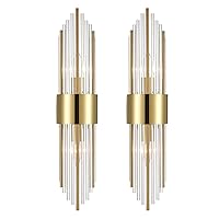 2-Light Modern Brushed Titanium Gold Wall Sconce with Clear Glass Crystal Luxury Wall Light Fixtures for Bedroom Living Room Bathroom Vanity Mirror Light Fixtures Set of 2