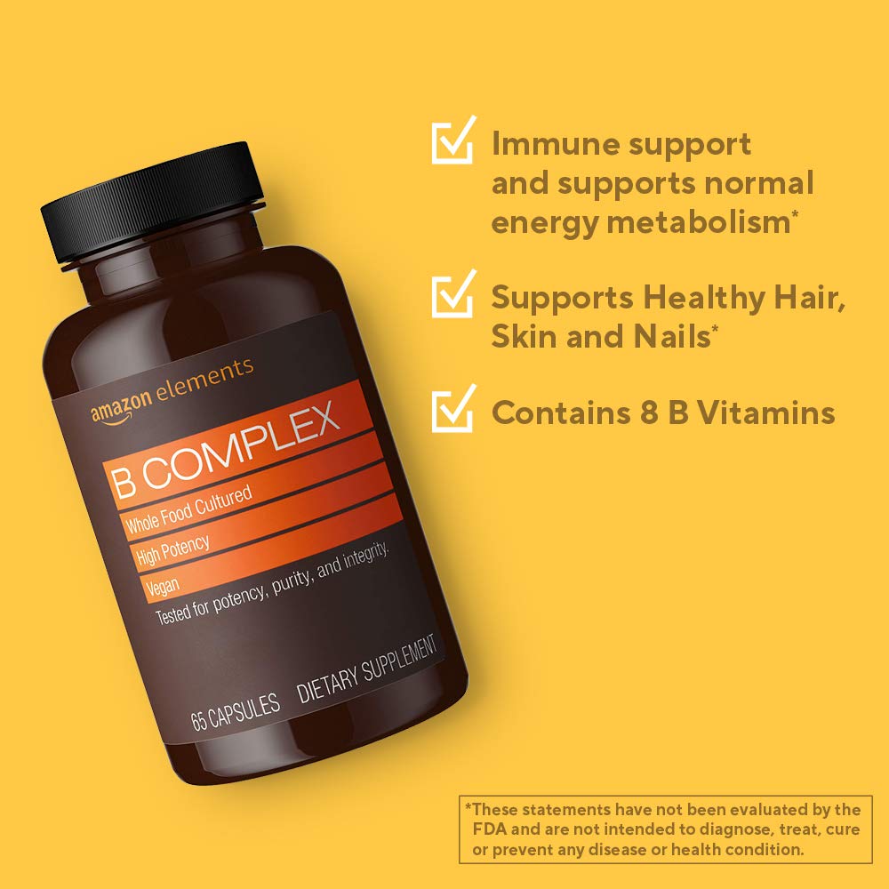 Amazon Elements B Complex, High Potency, 83% Whole Food Cultured, Supports Immune and Normal Energy Metabolism, Vegan, 65 Capsules, 2 month supply (Packaging may vary)