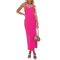Pink Queen Women's Sleeveless Bodycon Slip Dress Spaghetti Strap Backless Ribbed Split Maxi Long Dresses