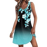 Womens Summer Dress 2024 Casual Boho Floral T-Shirt Dress V Neck Loose Tank Beach Sundress with Pockets