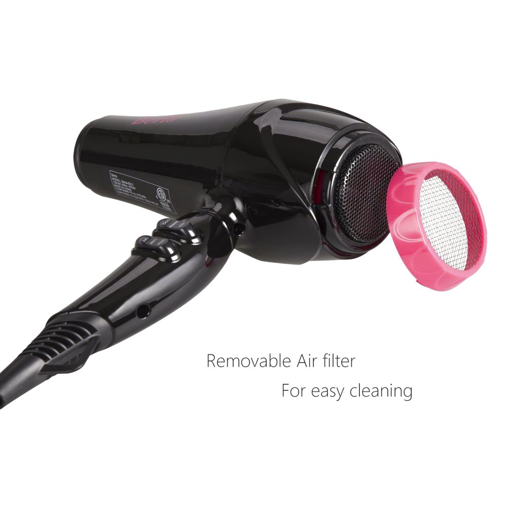 BERTA 1875W Professional Salon Hair Dryer Negative Ionic Blow Dryer, 2 Speed 3 Heat Settings Cool Button with AC Motor, Concentrator Nozzle & Diffuser