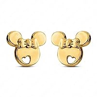 925 Sterling Silver Mickey Minnie Mouse Heart Stud Earrings Push Back 14K Gold Plated