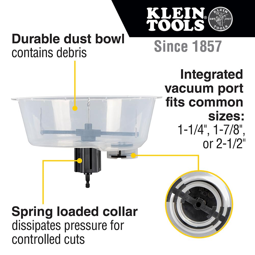 Klein Tools 53710 Hole Saw, Adjustable Circle Hole Cutter with Dustbowl, Integrated Vacuum Port, for Drywall and Ceiling Tiles, 2 to 7-Inch