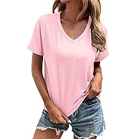 Womens Fashion Tops Summer Tops for Women 2024 Solid Color Casual Fashion Trendy Loose Fit with Short Sleeve V Neck Shirts Pink 3X-Large