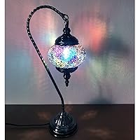 SILVERFEVER Mosaic Turkish Lamp Moroccan Glass Swan Neck Lantern for Table Desk Bedside Bronze Base Bundle with E12 Light Bulb (Blue Shades)