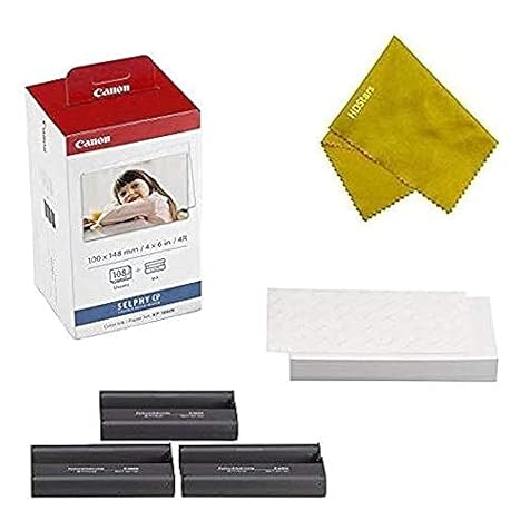 KP-108IN 3 Color Ink Cassette and 108 Sheets 4 x 6 Paper Glossy for SELPHY CP1300, CP1200, CP910, CP900, CP760, CP770, CP780 CP800. Bonus: Quality Photo Microfiber Cloth