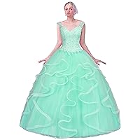 Women V-Neck Quinceanera Dress Lace Prom Ball Gown Ruffle Dresses