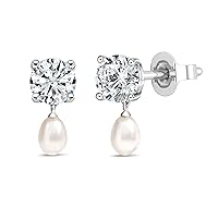 925 Sterling Silver Drop Earrings for Women 6x4mm Cultured Freshwater Pearl & 1.50 Carat Round Lab Grown White Diamond or Cubic Zirconia