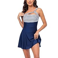 One Piece Bathing Suit for Women Modest Athletic Swimsuit One Shoulder Slimming Ruched Swimdress Skirted Swimwear