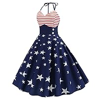 Women's Casual Loose-Fitting Summer Flowy V-Neck Trendy Glamorous Dress Swing Sleeveless Knee Length Print Beach Navy