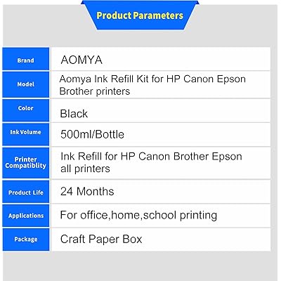Aomya Black Ink Refill Kit 500ml Universal Dye Bulk Ink for Canon HP Epsn  Brother Inkjet Printers Refillable Cartridge CISS CIS System (16.9 oz) with
