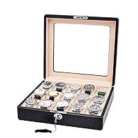 12-slot Men's Leather Watch Case, Multi-function Large-capacity Transparent Flip Watch Jewelry Storage Watch Box,With Key 0130B