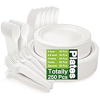 250 Piece Compostable Plates, Sugarcane Paper Plates with Extra Long Utensils, Eco Friendly Disposable Dinnerware Set Biodegradable Plates, Cups, Spoons, Fork for Party, Camping, Picnic(White)