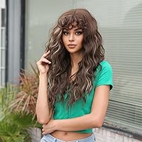 LANOVA Chocolate Brown Loose Curly Hair with Blonde Highlights,Balayage Sheep Curl Wig with Bangs,Natural Looking Synthetic Wig for Party Costume LANOVA-327